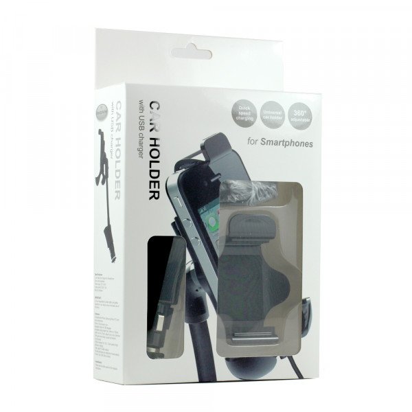 Wholesale Car Mount Holder with USB Charger (Long Black)